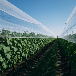 Rangées de vignes avec des filets de protection tendus au-dessus sous un ciel dégagé.