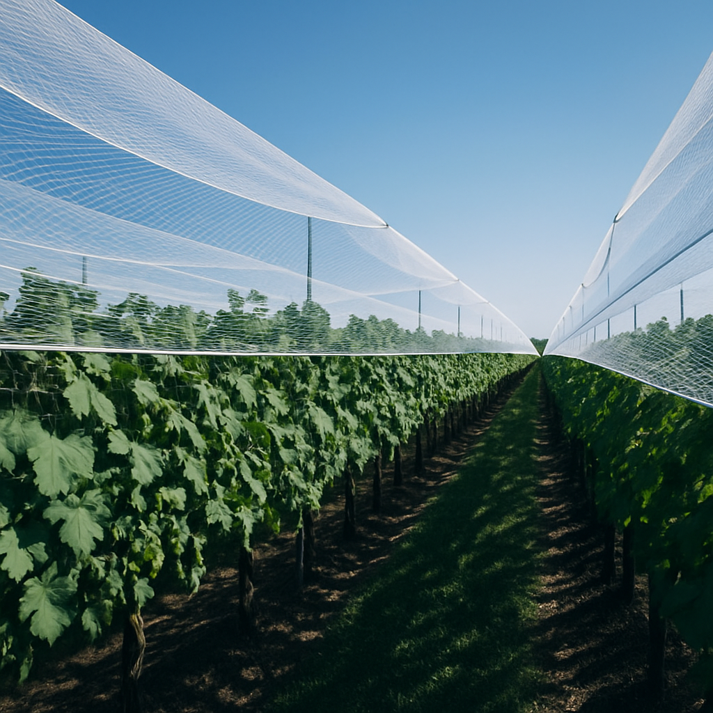 Rangées de vignes avec des filets de protection tendus au-dessus sous un ciel dégagé.