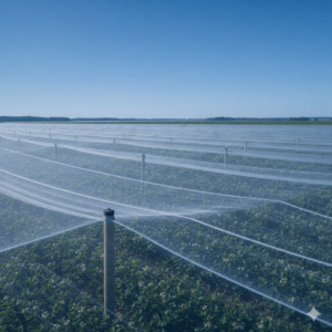 Champs agricoles avec filets d’ombrage par une journée ensoleillée.