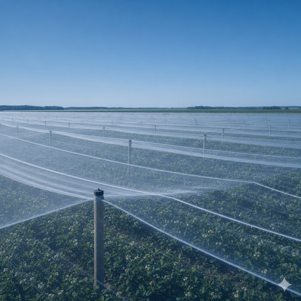 Champs agricoles avec filets d’ombrage par une journée ensoleillée.